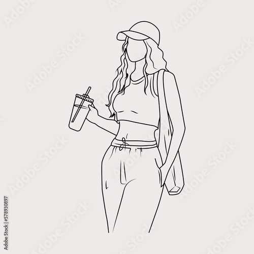 Line drawing of a young beautiful female college student with coffee