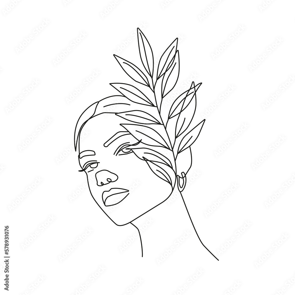 Woman Face with Leaves Line Art Vector Drawing. Style Template with Female Head with Leaves. Modern Minimalist Simple Linear Style. Beauty Fashion Design Woman Face with Leaves Line Art Vector Drawing. Style Template with Female Head with Leaves. Modern Minimalist Simple Linear Style. Beauty Fashion Design
