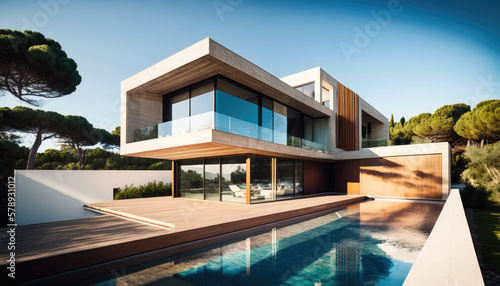 Modern Mediterranean style house design with terrace and swimming pool. 