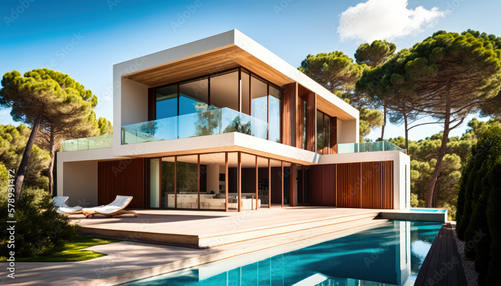 Modern Mediterranean style house design with terrace and swimming pool. Generative AI