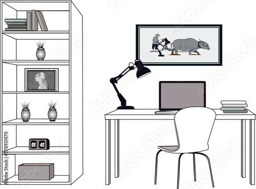 comfortable study room. Made in black and white color vector. The room is equipped with a study desk, chairs, cabinets, and table lamps