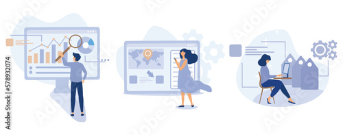 Analytics software concept, Marketing research, click tracking, tag management, focus group, target audience, data collection, digital survey, set flat vector modern illustration