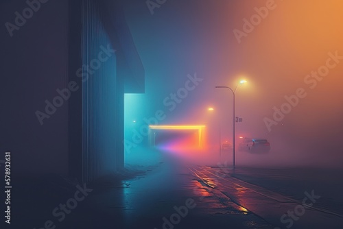 Night city in the fog, gradient multicolored light. The future. Cyberpunk. Generative AI
