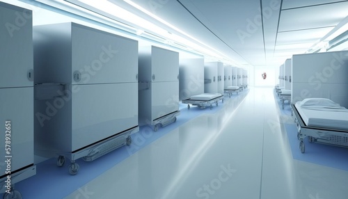 Hospital boxes with beds in a white environment, generative ai photo