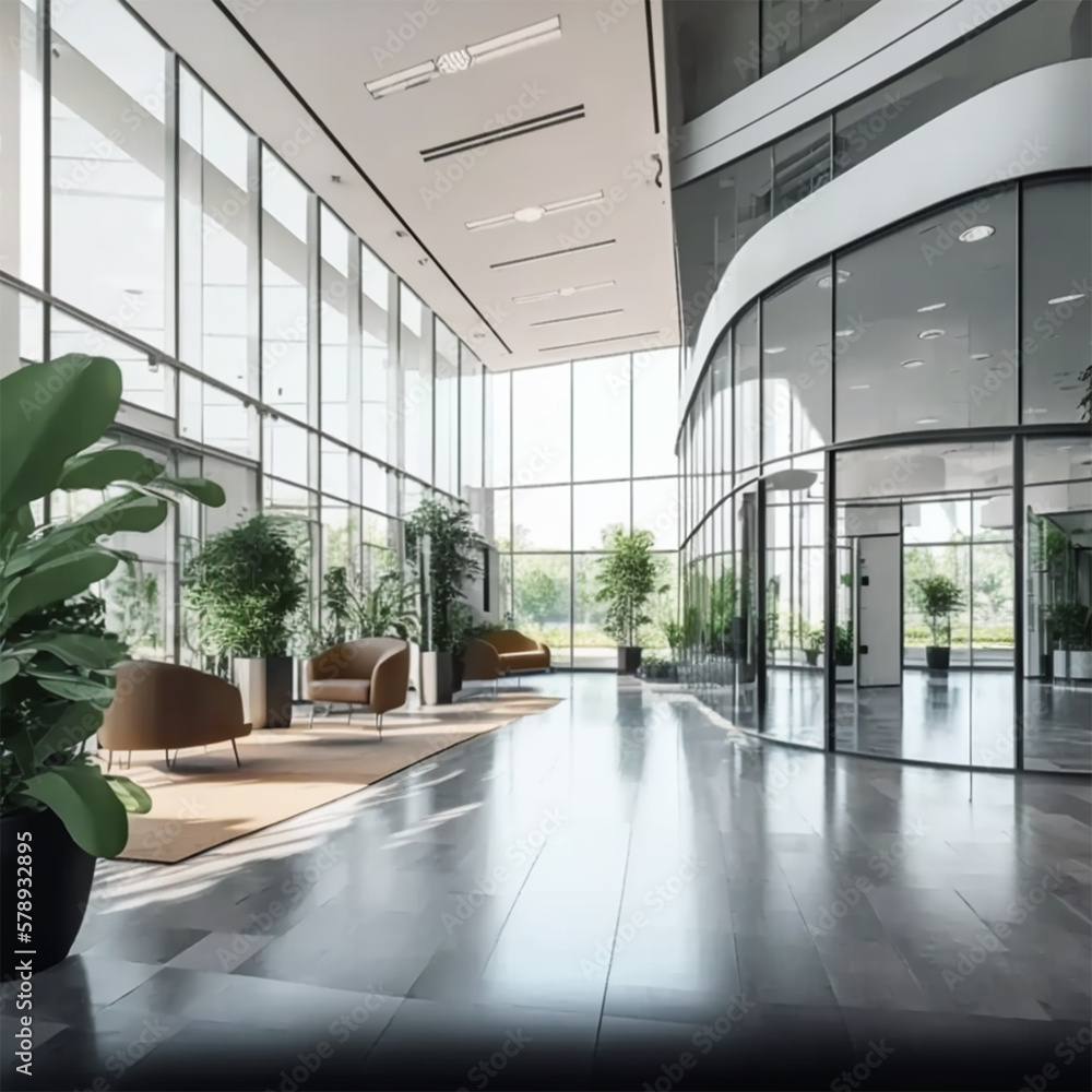 a beautiful office building lobby with sleek modern design and large windows a beautiful office building lobby with sleek modern design and large windows