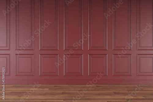 Mockup classic red wall interior. Floor parquet. Digital illustration. 3d rendering 