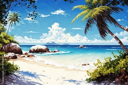 Scene of a stunning tropical beach and sea on a bright, sunny day. Area of water adjacent to a beach. Generative AI