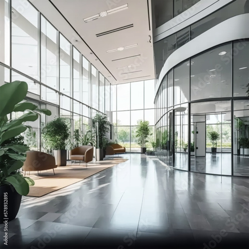 a beautiful office building lobby with sleek modern design and large windows © Miracle