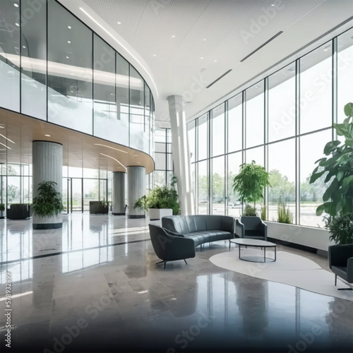 a beautiful office building lobby with sleek modern design and large windows © Miracle