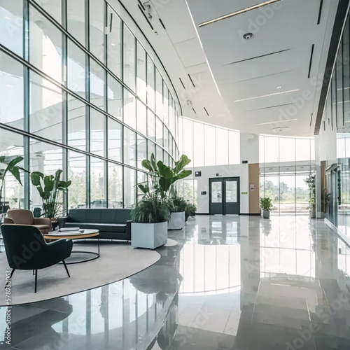 a beautiful office building lobby with sleek modern design and large windows --v 4 -, a beautiful office building lobby with sleek modern design and large windows shallow depth of field to emphasize t © Miracle