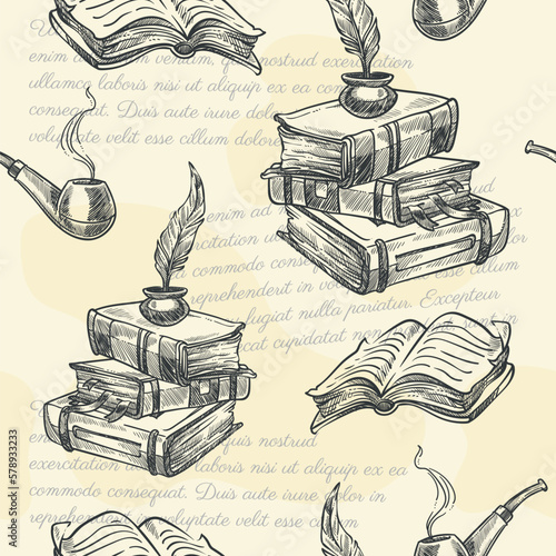 Old books and smoking pipe, seamless pattern print