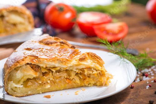 Savory pie with a filling.