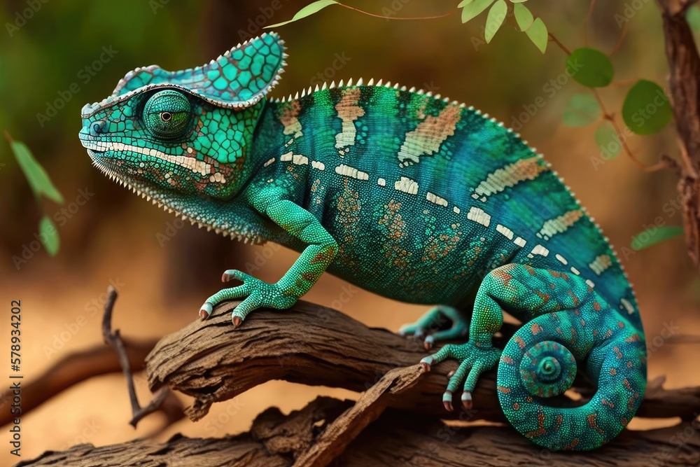 Obraz premium Large indigenous chameleon species from Madagascar called the huge chameleon or Oustalet's chameleon (Furcifer oustaleti). Typical of the animals of Madagascar. Generative AI