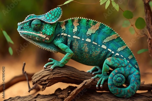 Large indigenous chameleon species from Madagascar called the huge chameleon or Oustalet's chameleon (Furcifer oustaleti). Typical of the animals of Madagascar. Generative AI