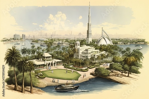 8 FEBRUARY 2005, DUBAI, UAE In 1993, the Dubai Creek Golf and Yacht Club opened as the city's first of numerous golf clubs, notable for its sail shaped clubhouse. Generative AI