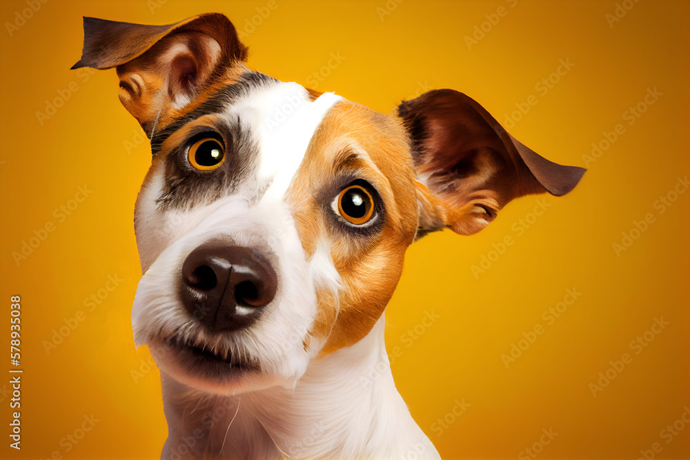 Happy Jack Russell Terrier looks at object with interest turns its head in different directions funny close up on Yellow background looking at camera with Generative AI Technology Happy Jack Russell Terrier looks at object with interest turns its head in different directions funny close up on Yellow background looking at camera with Generative AI Technology