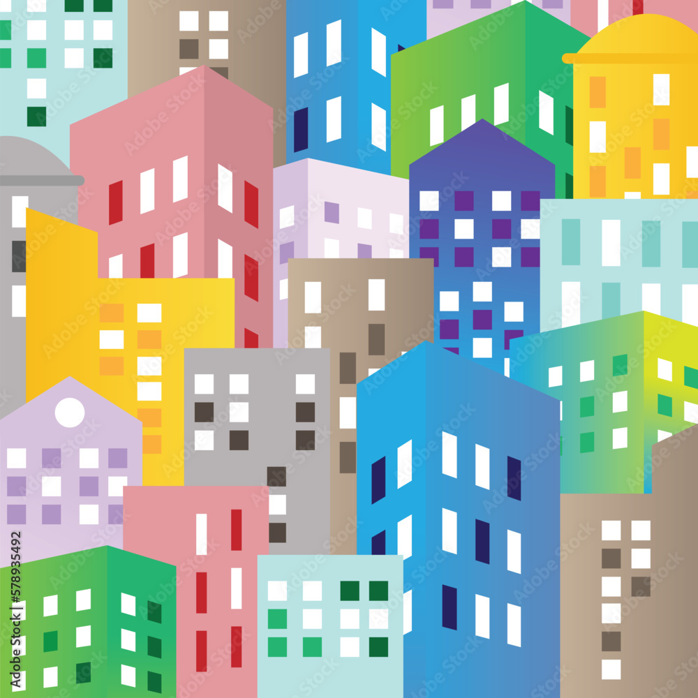Colorful City houses stand tall with windows and roof. Cityscape vector illustration.
