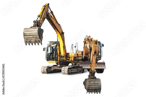 Two powerful excavators isolated on white background. Powerful excavator with an extended bucket close-up. Construction equipment for earthworks. element for design.