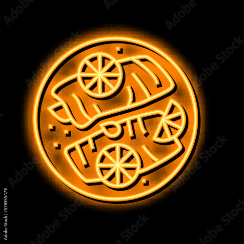 cooked lemon salmon neon glow icon illustration