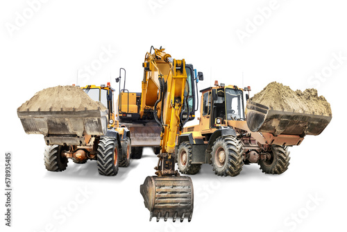 Excavator and two bulldozer loader close-up on a white isolated background.Construction equipment for earthworks. element for design. Rental of construction equipment.