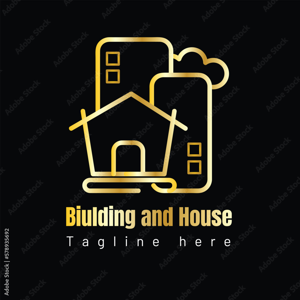 Building and house construction related golden logo on dark background with dummy text vector illustration. Building and house construction related golden logo on dark background with dummy text vector illustration.