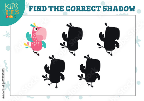 Find the correct shadow for cute cartoon parrot educational preschool kids mini game