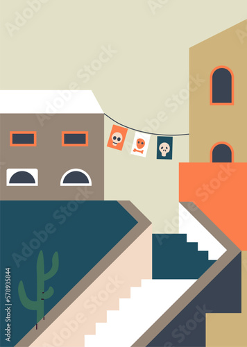 City street with stairs and facades of houses