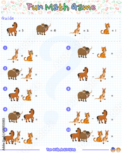 Fototapeta Naklejka Na Ścianę i Meble -  Fun logic math game animals of horse, yak, kangaroo and cat. Fun activities for kids to play and learn