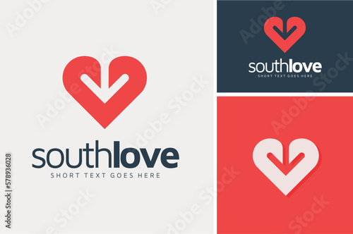 Arrow Down South with Heart Shape for Love Romance Affection Logo Design