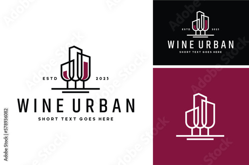 Vintage City Skyline Cityscape Building with Wine Glass Goblet for Dinner Restaurant Bar or Winery logo design