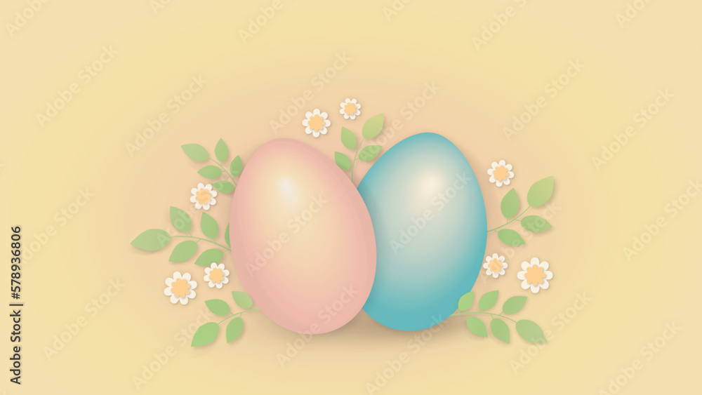 Easter eggs and blooming spring flowers background