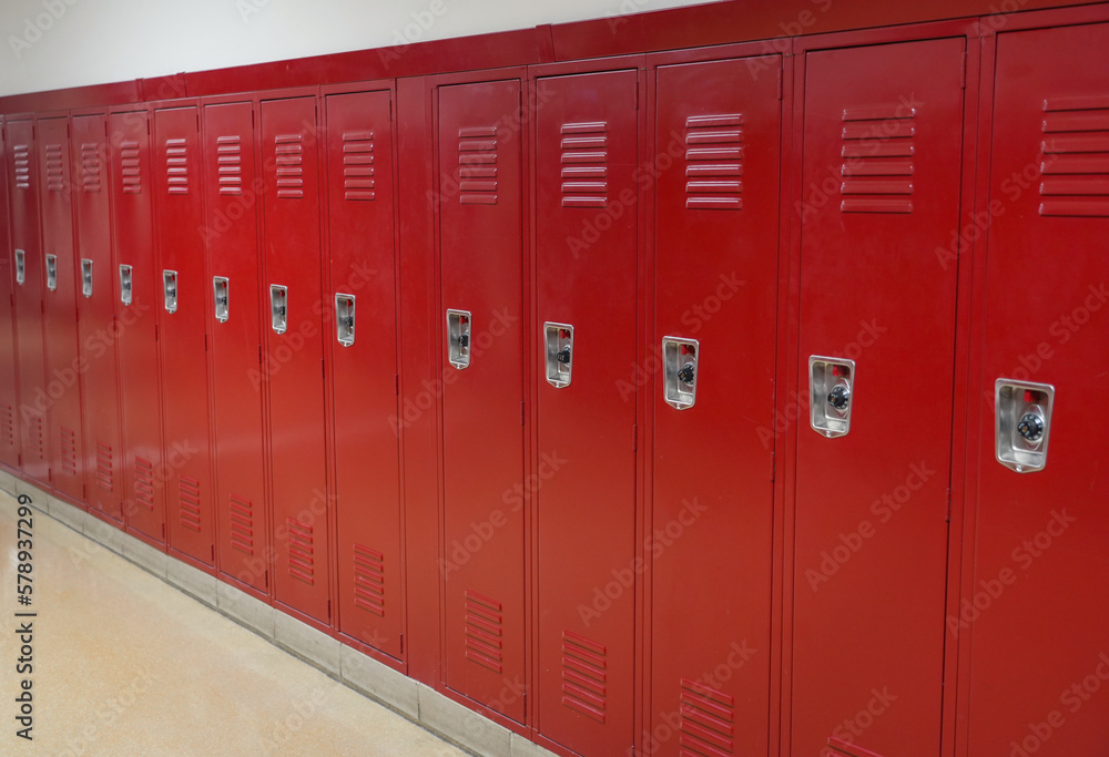 close up on red lockers in the school - obrazy, fototapety, plakaty 