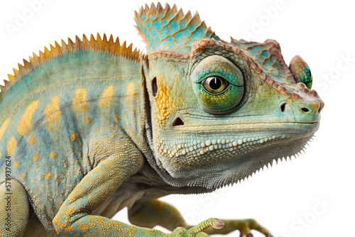 Chameleon with a mask Images of a single Chamaeleo calyptratus on a white background. Generative AI