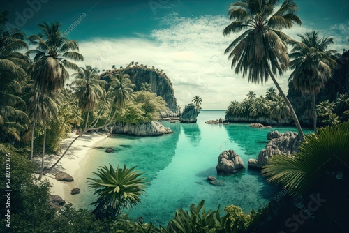 Lagoon surrounded by palm palms on a tropical beach. Thailand s island and seascape tourist attraction. Generative AI