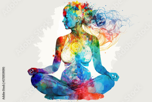 Yogi woman meditating with legs crossed concentrated, Chakras energy visualization in vivid watercolor style vector.
