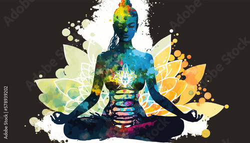 Yogi woman meditating with legs crossed concentrated  Chakras energy visualization in vivid watercolor style vector. 