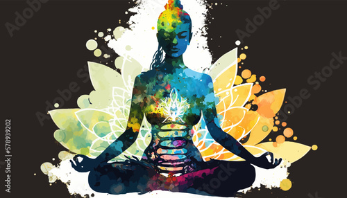 Yogi woman meditating with legs crossed concentrated, Chakras energy visualization in vivid watercolor style vector.
