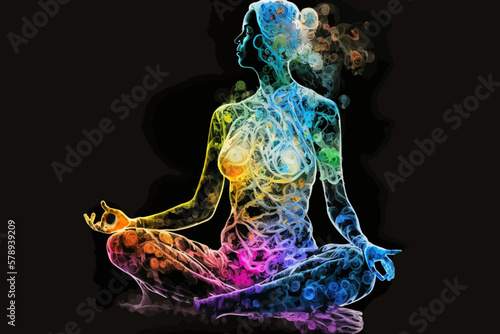 Yogi woman meditating with legs crossed concentrated, Chakras energy visualization in vivid watercolor style vector.
