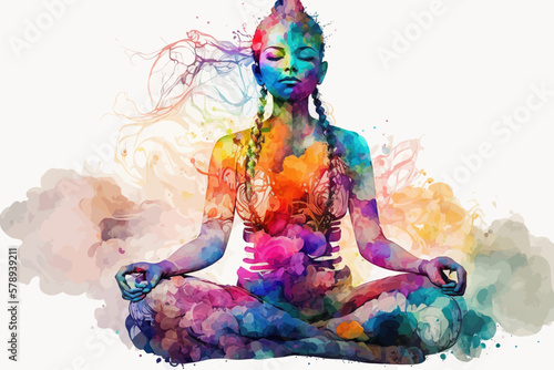 Yogi woman meditating with legs crossed concentrated, Chakras energy visualization in vivid watercolor style vector. 