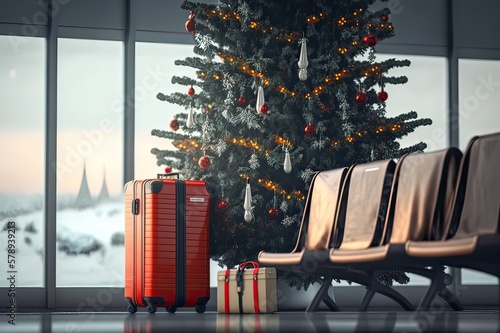 Waiting Area With Luggages, Christmas Tree, Ornaments, Gifts And Blur. Photo generative AI photo