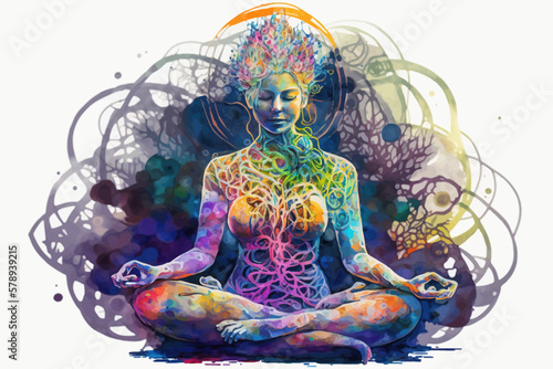 Yogi woman meditating with legs crossed concentrated, Chakras energy visualization in vivid watercolor style vector.
