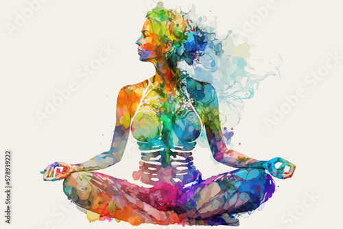 Yogi woman meditating with legs crossed concentrated, Chakras energy visualization in vivid watercolor style vector.
