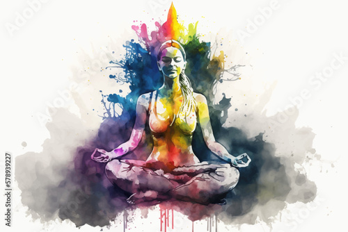 Yogi woman meditating with legs crossed concentrated, Chakras energy visualization in vivid watercolor style vector.
