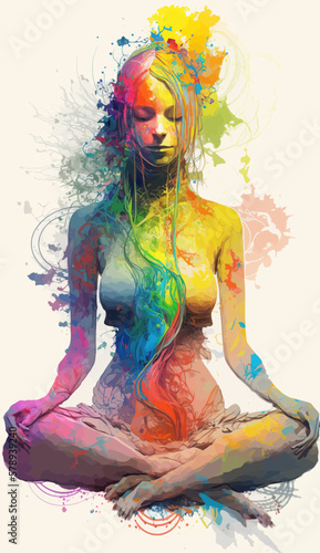 Yogi woman meditating with legs crossed concentrated, Chakras energy visualization in vivid watercolor style vector.
