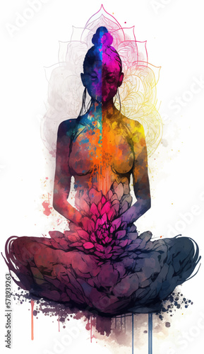 Yogi woman meditating with legs crossed concentrated, Chakras energy visualization in vivid watercolor style vector.
