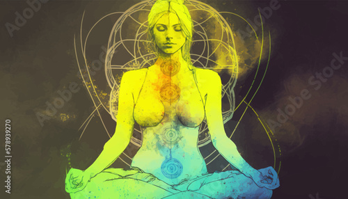 Yogi woman meditating with legs crossed concentrated, Chakras energy visualization in vivid watercolor style vector.
