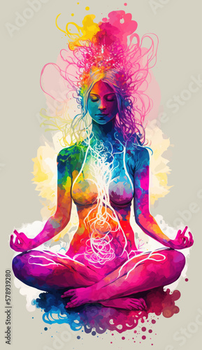 Yogi woman meditating with legs crossed concentrated, Chakras energy visualization in vivid watercolor style vector.
