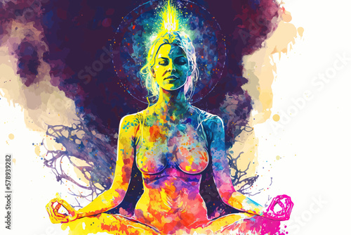 Yogi woman meditating with legs crossed concentrated, Chakras energy visualization in vivid watercolor style vector.
