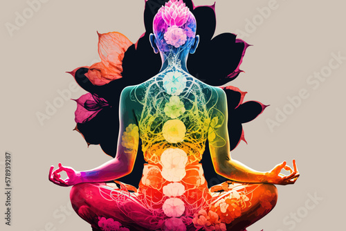 Yogi woman meditating with legs crossed concentrated, Chakras energy visualization in vivid watercolor style vector.
