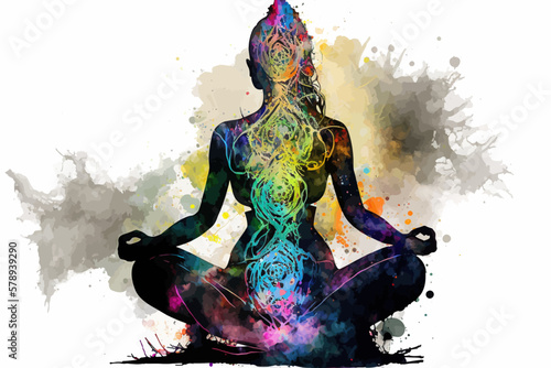 Yogi woman meditating with legs crossed concentrated, Chakras energy visualization in vivid watercolor style vector.
